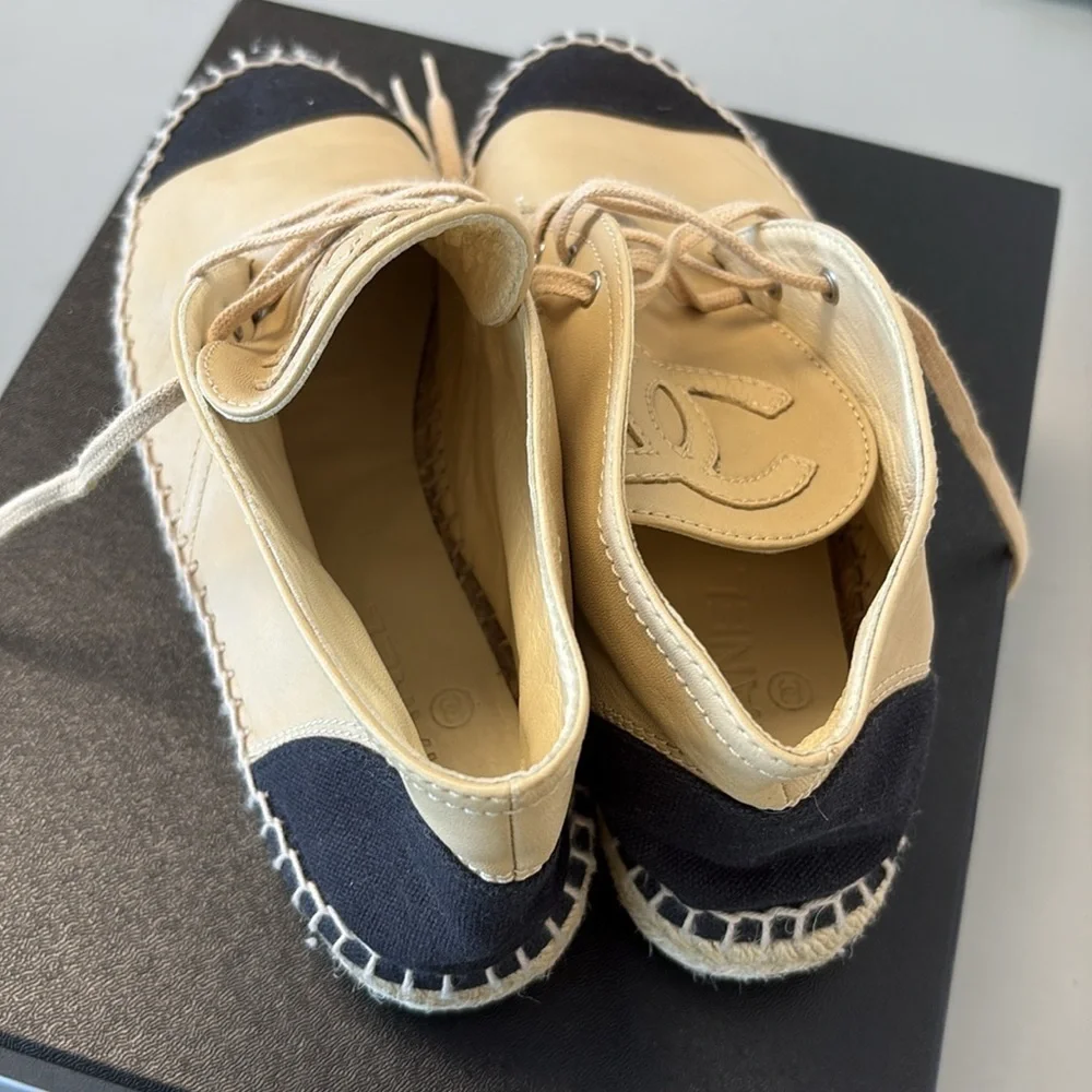 CHANEL Cream and Black Espadrille high tops
